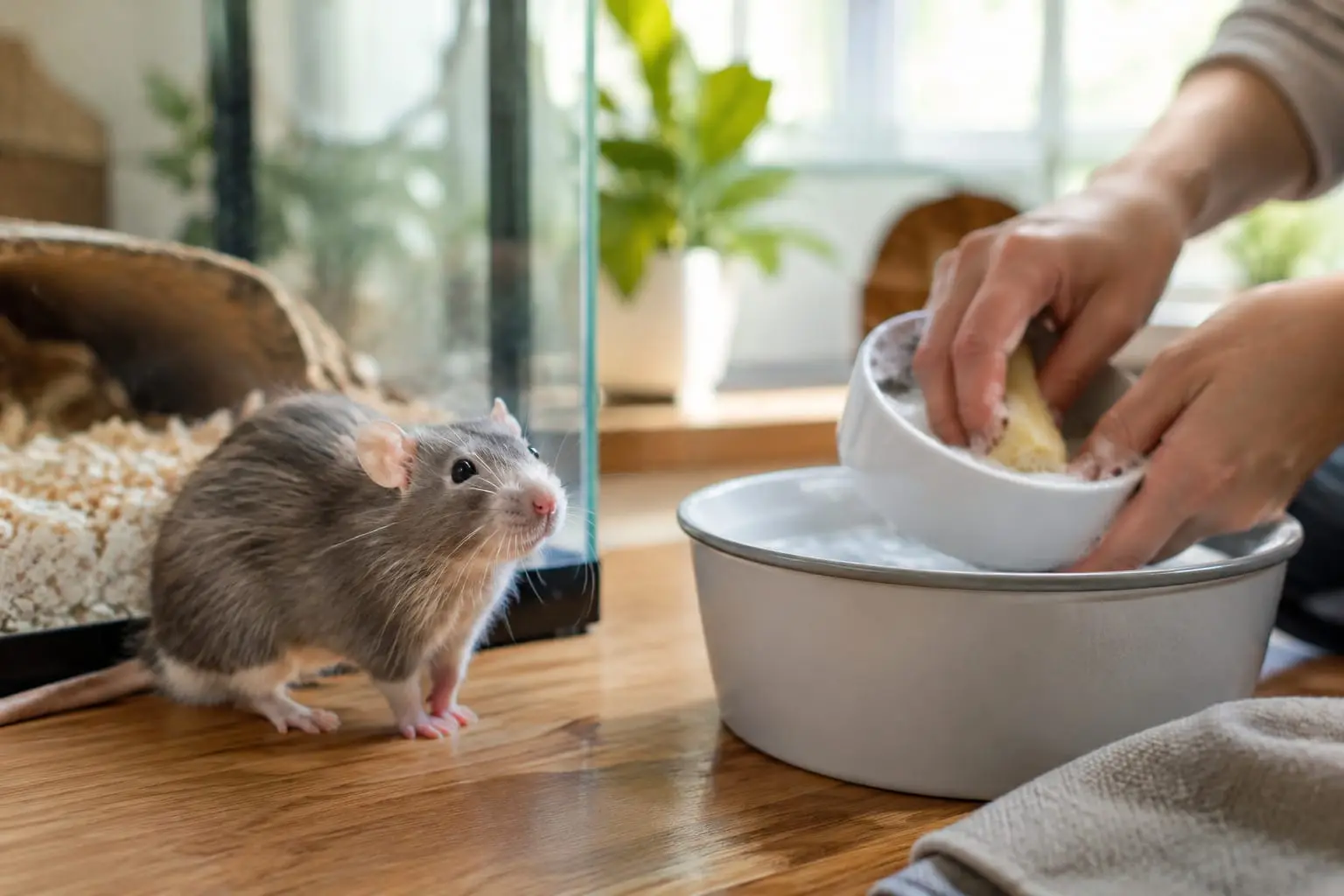 Un rat domestique calme près d’une cage propre pendant qu’un adulte nettoie ses accessoires à la maison.